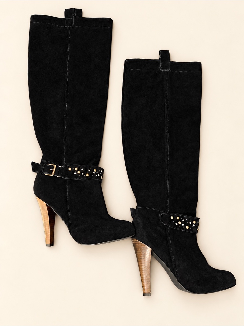 Colin Stuart Black Suede High-Heel Knee Boots with Studded Strap